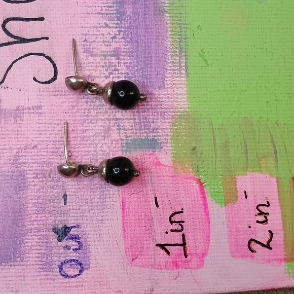 Black and Silver small Ball drop earrings pierced ears 925 Sterling silver - Picture 6 of 6